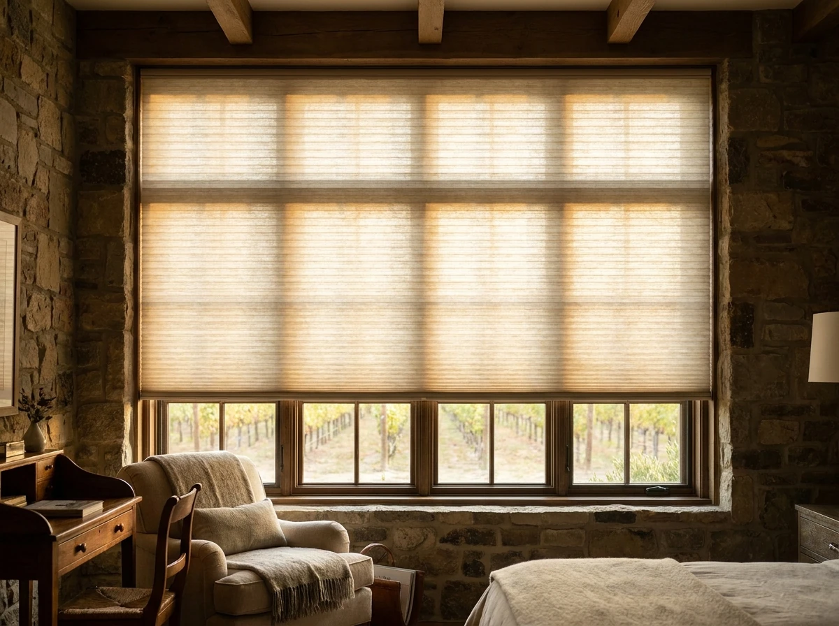 Honeycomb cellular fabric shade with visible air-cell structure lowered over a guest-suite bedroom window
