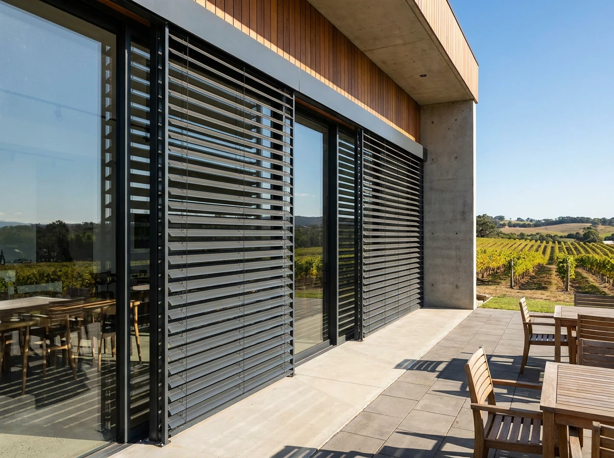 External aluminium venetian blinds mounted outside the glass on a modern wine-estate tasting-room facade