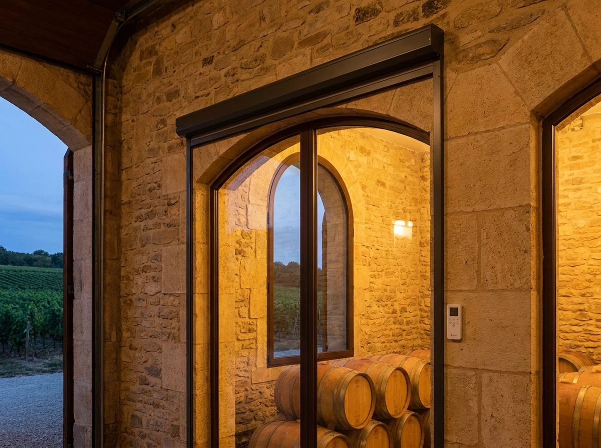 Motorised shading screen above an arched glass doorway in a wine-cellar building, wall-mounted remote control alongside