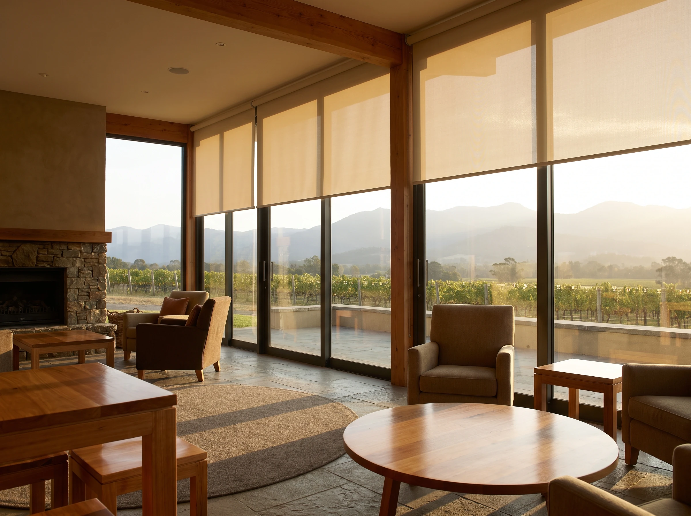 Cellar-door tasting-room lounge with a flat sunscreen roller blind lowered halfway down a wide glass wall, vineyard rows and mountains beyond