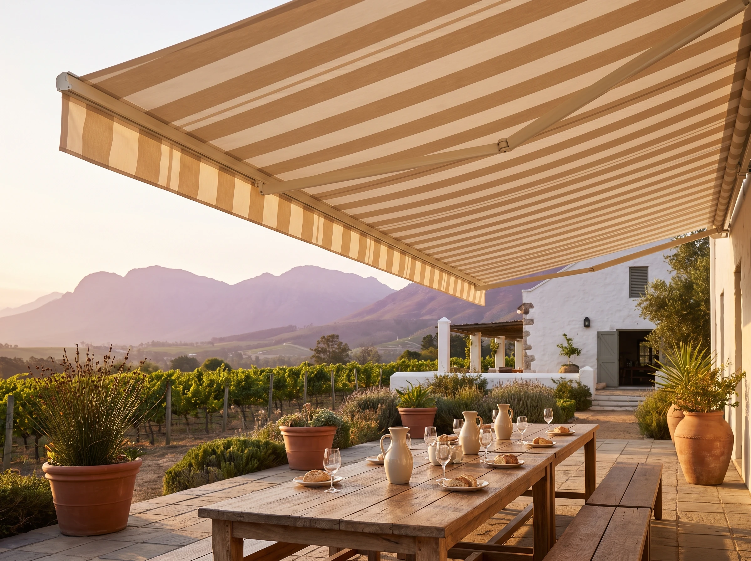 Striped folding-arm awning extended over an outdoor wine-tasting table with vineyard rows and mountains behind a whitewashed Cape Dutch homestead