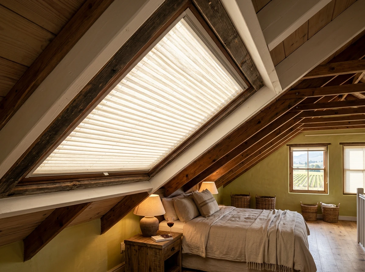 Shaped pleated blind fitted to an angled gable skylight window in a wine-farm loft conversion