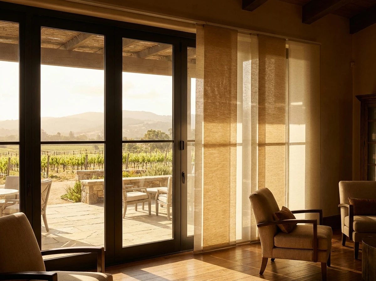 Wide vertical panel blinds partially drawn across tall stacking glass doors onto a vineyard-view terrace