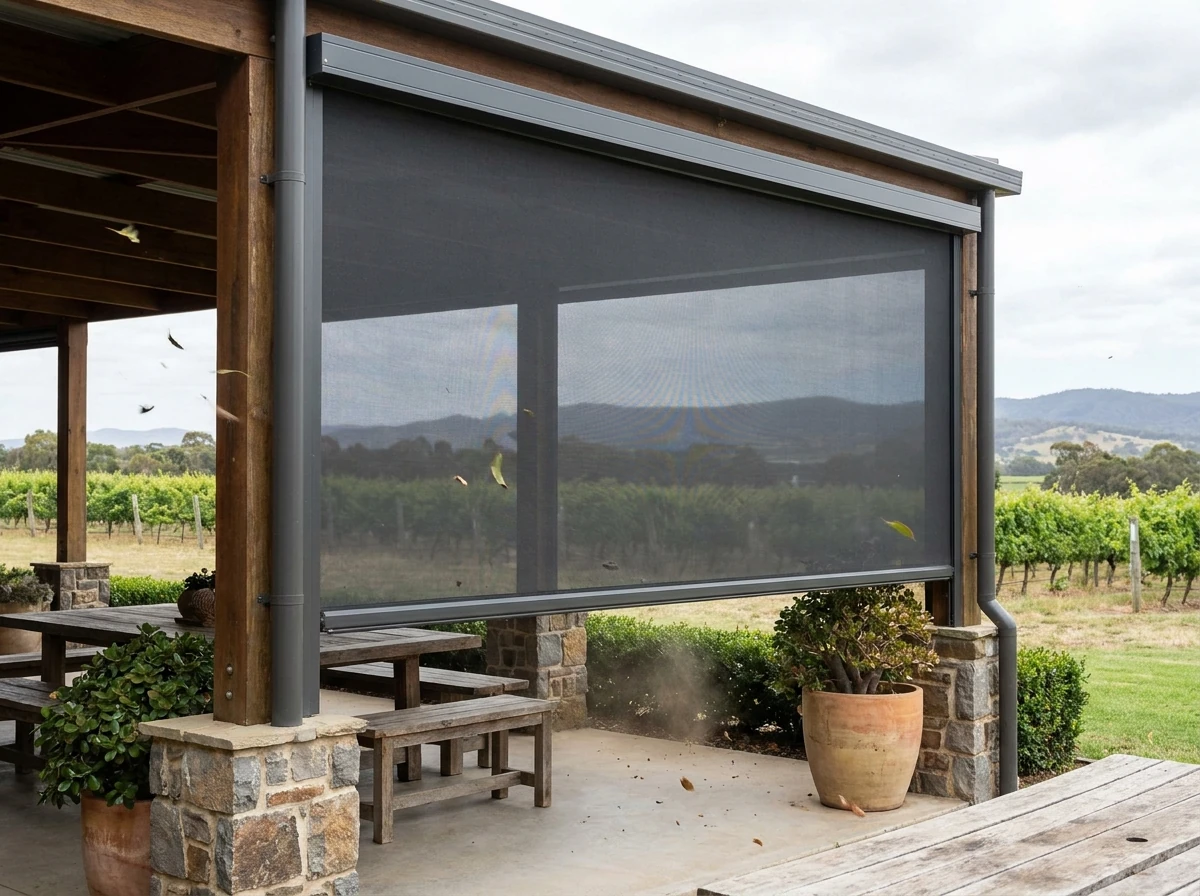 Zip-track screen enclosing a wine-estate veranda, mesh fabric taut in aluminium channels, vineyard rows visible through it